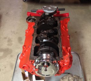 bottom end view of 350 engine during rebuild