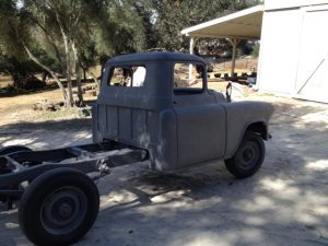 1956 Chevrolet truck cab, frame, and wheels sandblasted.