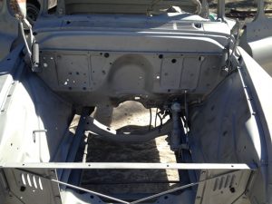 Engine bay of the 1956 Chevrolet truck sandblasted