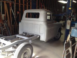 1956 Chevrolet truck back inside after sandblasting.