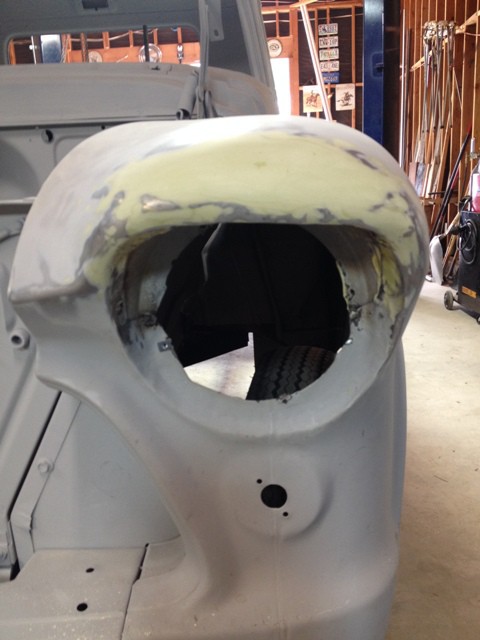 1956 Chevy truck fender repair head-on view after sanding.