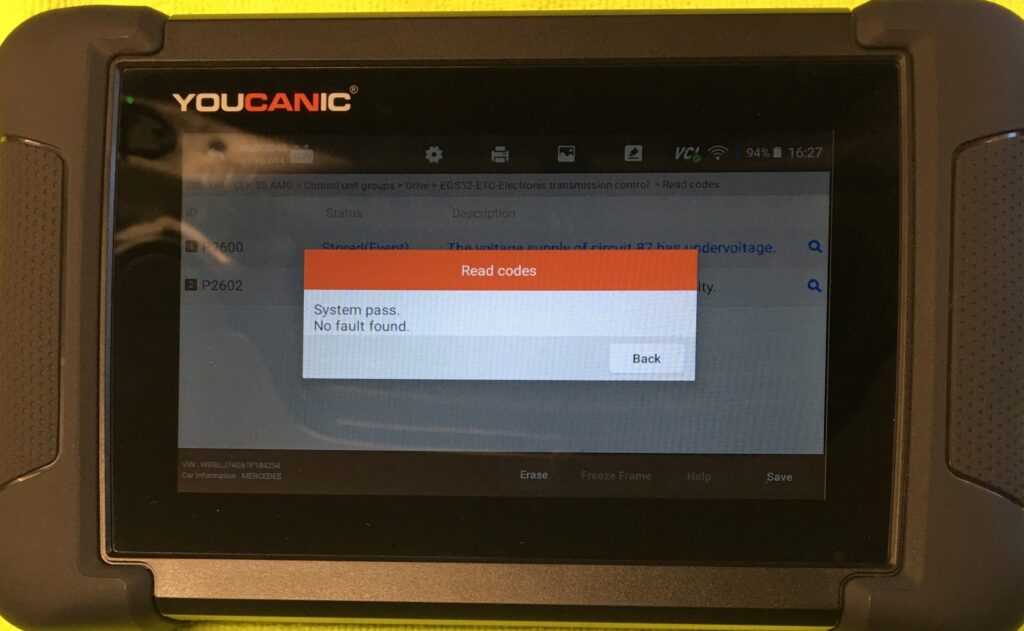 Youcanic scanner display showing 'System pass. No fault found.' message.